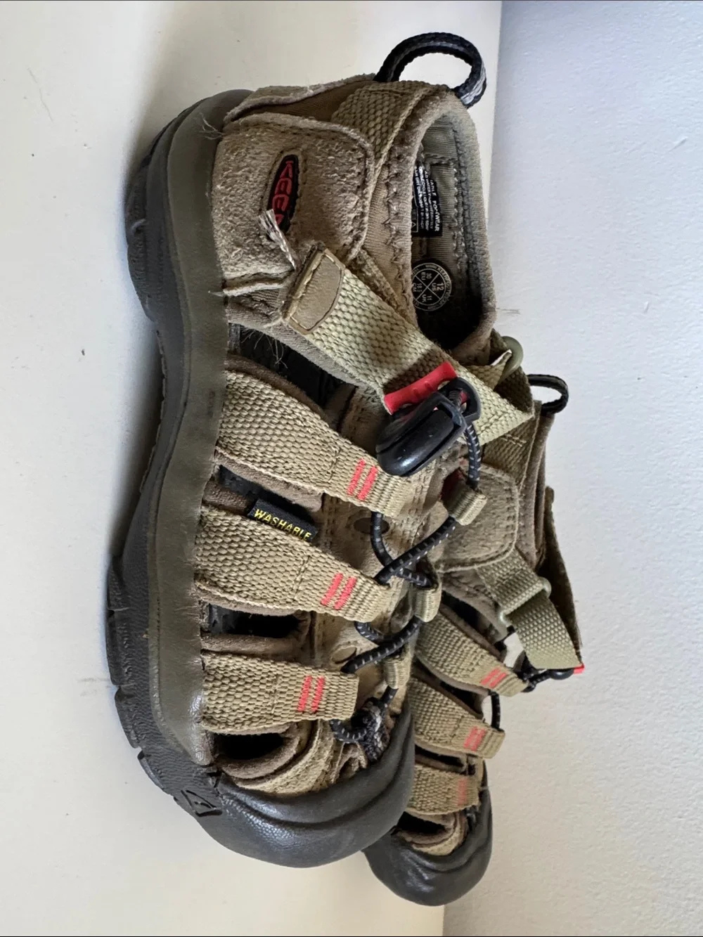 Keen Kids Closed-Toe Sandals in Olive/Tan with Red Accents